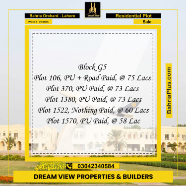 10 Marla Residential Plot for Sale in Phase 4 - G5 Block -  Bahria Orchard, Lahore - (BP-225669)