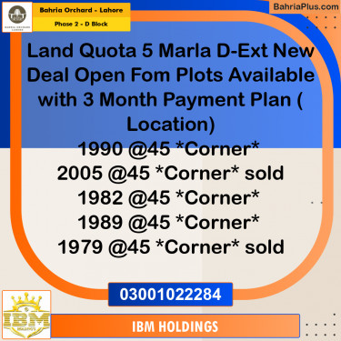 5 Marla Residential Plot for Sale in Phase 2 - D Block -  Bahria Orchard, Lahore - (BP-225776)