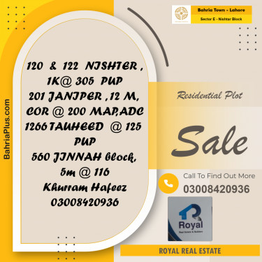 20 Marla Residential Plot for Sale in Sector E - Nishtar Block -  Bahria Town, Lahore - (BP-225926)