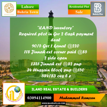 Residential Plot for Sale in Bahria Town, Lahore - (BP-225955)