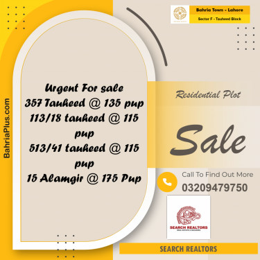 10 Marla Residential Plot for Sale in Sector F - Tauheed Block -  Bahria Town, Lahore - (BP-226459)
