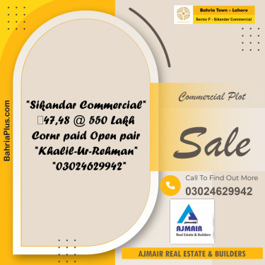 5 Marla Commercial Plot for Sale in Sector F - Sikandar Commercial -  Bahria Town, Lahore - (BP-226572)