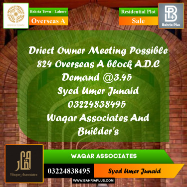 Residential Plot for Sale in Overseas A -  Bahria Town, Lahore - (BP-226597)