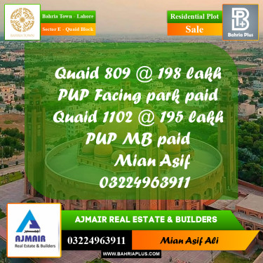Residential Plot for Sale in Sector E - Quaid Block -  Bahria Town, Lahore - (BP-226610)
