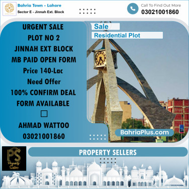 10 Marla Residential Plot for Sale in Sector E - Jinnah Ext. Block -  Bahria Town, Lahore - (BP-226826)
