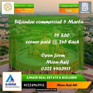 Commercial Plot for Sale in Sector F - Sikandar Commercial -  Bahria Town, Lahore - (BP-226892)