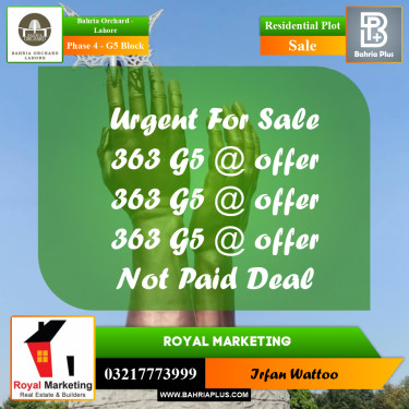 10 Marla Residential Plot for Sale in Phase 4 - G5 Block -  Bahria Orchard, Lahore - (BP-226965)