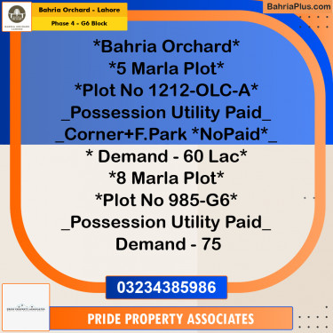 8 Marla Residential Plot for Sale in Phase 4 - G6 Block -  Bahria Orchard, Lahore - (BP-227640)