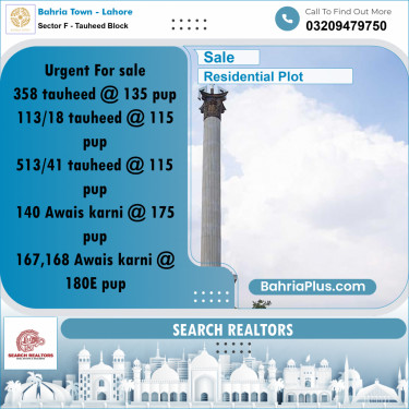 18 Marla Residential Plot for Sale in Sector F - Tauheed Block -  Bahria Town, Lahore - (BP-228012)