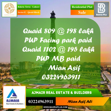 Residential Plot for Sale in Sector E - Quaid Block -  Bahria Town, Lahore - (BP-228022)