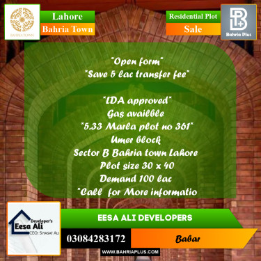 Residential Plot for Sale in Bahria Town, Lahore - (BP-228112)