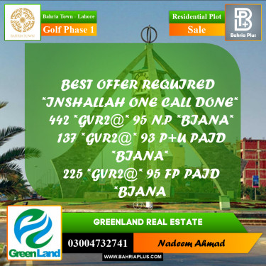 10 Marla Residential Plot for Sale in Golf Phase 1 -  Bahria Town, Lahore - (BP-228166)