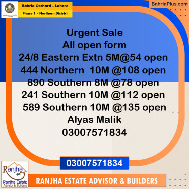 10 Marla Residential Plot for Sale in Phase 1 - Northern District -  Bahria Orchard, Lahore - (BP-228285)