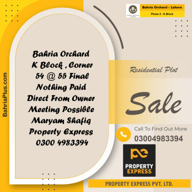5 Marla Residential Plot for Sale in Phase 2 - K Block -  Bahria Orchard, Lahore - (BP-228527)
