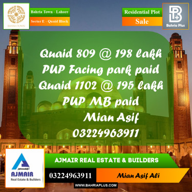 Residential Plot for Sale in Sector E - Quaid Block -  Bahria Town, Lahore - (BP-228711)