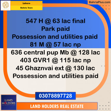 Residential Plot for Sale in Bahria Town, Lahore - (BP-229039)