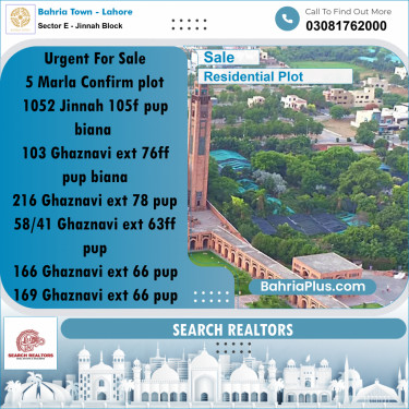 5 Marla Residential Plot for Sale in Sector E - Jinnah Block -  Bahria Town, Lahore - (BP-229095)