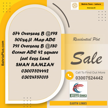 10 Marla Residential Plot for Sale in Overseas B -  Bahria Town, Lahore - (BP-229525)