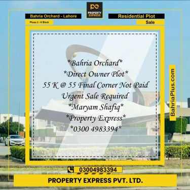 5 Marla Residential Plot for Sale in Phase 2 - K Block -  Bahria Orchard, Lahore - (BP-229774)