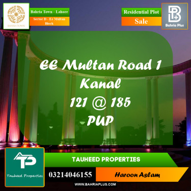 1 Kanal Residential Plot for Sale in Sector D - EE Multan Block -  Bahria Town, Lahore - (BP-229882)