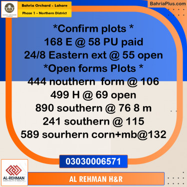 10 Marla Residential Plot for Sale in Phase 1 - Northern District -  Bahria Orchard, Lahore - (BP-229924)