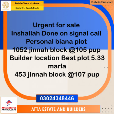 5 Marla Residential Plot for Sale in Sector E - Jinnah Block -  Bahria Town, Lahore - (BP-230328)