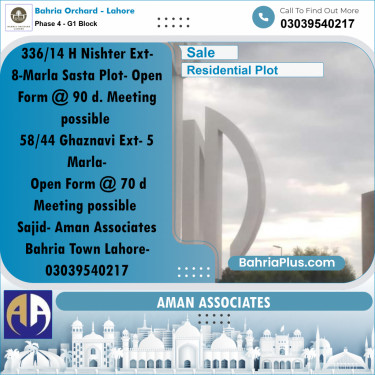 8 Marla Residential Plot for Sale in Phase 4 - G1 Block -  Bahria Orchard, Lahore - (BP-230627)