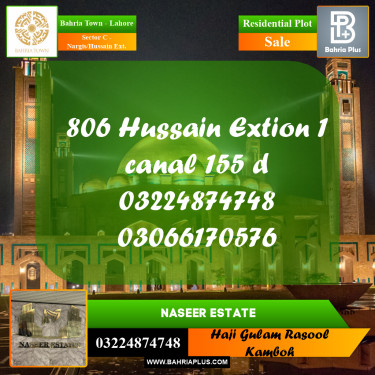 20 Marla Residential Plot for Sale in Sector C - Nargis/Hussain Ext. -  Bahria Town, Lahore - (BP-230629)