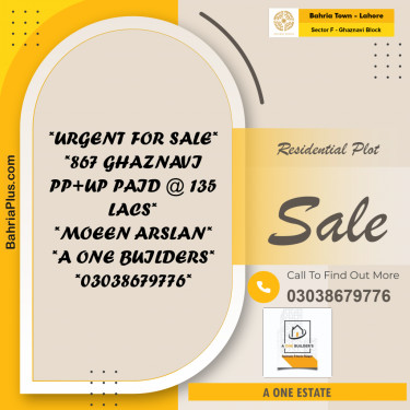 10 Marla Residential Plot for Sale in Sector F - Ghaznavi Block -  Bahria Town, Lahore - (BP-231064)