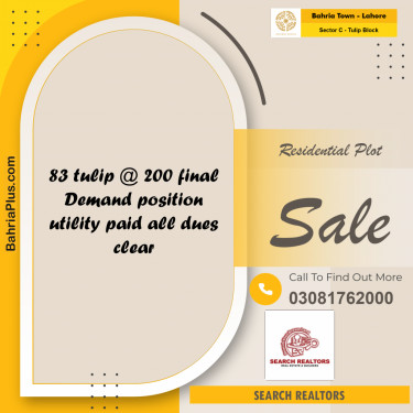 10 Marla Residential Plot for Sale in Sector C - Tulip Block -  Bahria Town, Lahore - (BP-231268)