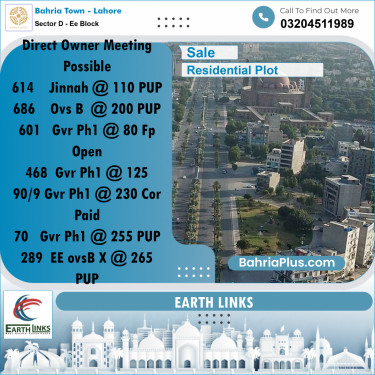 1 Kanal Residential Plot for Sale in Sector D - EE Block -  Bahria Town, Lahore - (BP-231330)