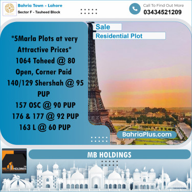 5 Marla Residential Plot for Sale in Sector F - Tauheed Block -  Bahria Town, Lahore - (BP-231521)