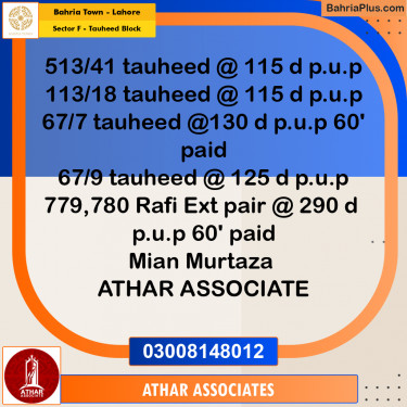 10 Marla Residential Plot for Sale in Sector F - Tauheed Block -  Bahria Town, Lahore - (BP-231658)