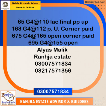 1 Kanal Residential Plot for Sale in Phase 4 - G4 Block -  Bahria Orchard, Lahore - (BP-231999)