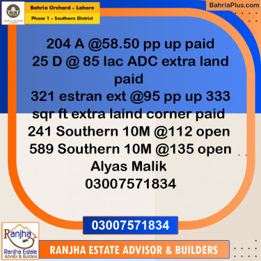 10 Marla Residential Plot for Sale in Phase 1 - Southern District -  Bahria Orchard, Lahore - (BP-232001)