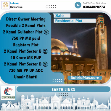 2 Kanal Residential Plot for Sale in Bahria Town, Lahore - (BP-232366)