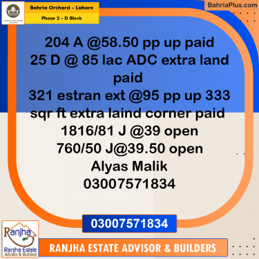 8 Marla Residential Plot for Sale in Phase 2 - D Block -  Bahria Orchard, Lahore - (BP-232601)