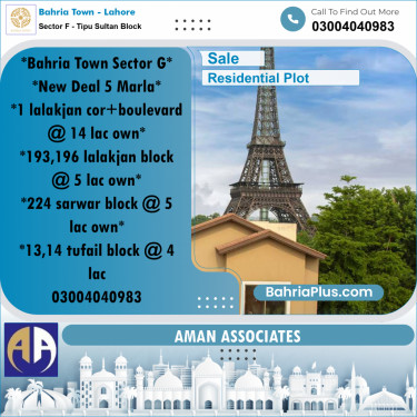 Residential Plot for Sale in Sector F - Tipu Sultan Block -  Bahria Town, Lahore - (BP-232726)