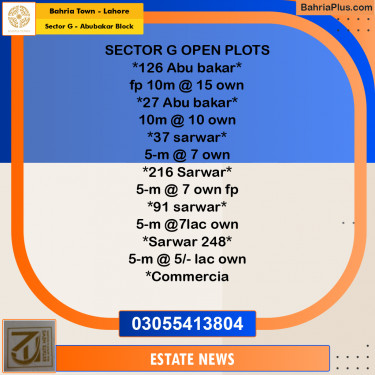 Residential Plot for Sale in Sector G - Abubakar Block -  Bahria Town, Lahore - (BP-232987)