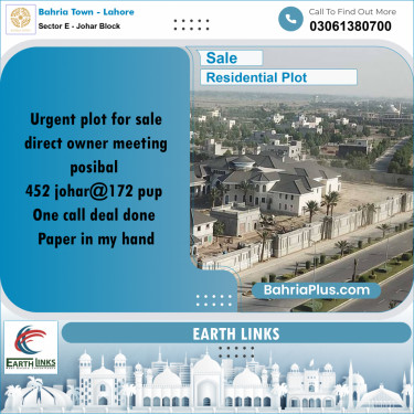 10 Marla Residential Plot for Sale in Sector E - Johar Block -  Bahria Town, Lahore - (BP-233094)