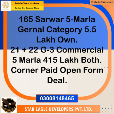 5 Marla Residential Plot for Sale in Sector G - Sarwar Block -  Bahria Town, Lahore - (BP-233352)