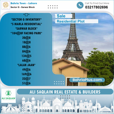 5 Marla Residential Plot for Sale in Sector G - Sarwar Block -  Bahria Town, Lahore - (BP-233407)