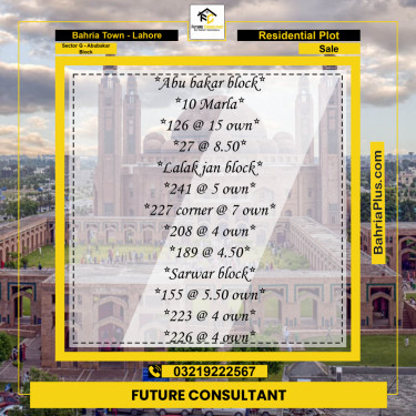 10 Marla Residential Plot for Sale in Sector G - Abubakar Block -  Bahria Town, Lahore - (BP-233602)
