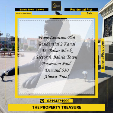2 Kanal Residential Plot for Sale in Sector A - Babar Block -  Bahria Town, Lahore - (BP-233921)