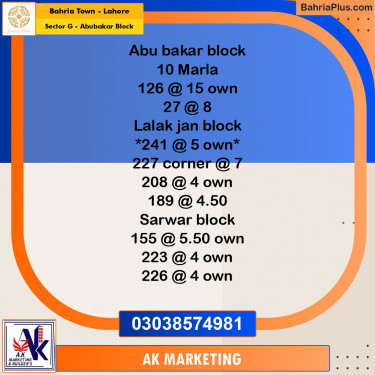 10 Marla Residential Plot for Sale in Sector G - Abubakar Block -  Bahria Town, Lahore - (BP-233927)