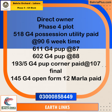 10 Marla Residential Plot for Sale in Phase 4 - G4 Block -  Bahria Orchard, Lahore - (BP-233959)