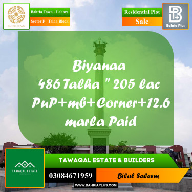 12.6 Marla Residential Plot for Sale in Sector F - Talha Block -  Bahria Town, Lahore - (BP-234152)