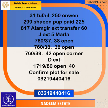 Residential Plot for Sale in Sector G - Tufail Block -  Bahria Town, Lahore - (BP-234309)