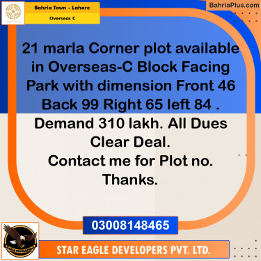 21 Marla Residential Plot for Sale in Overseas C -  Bahria Town, Lahore - (BP-234479)
