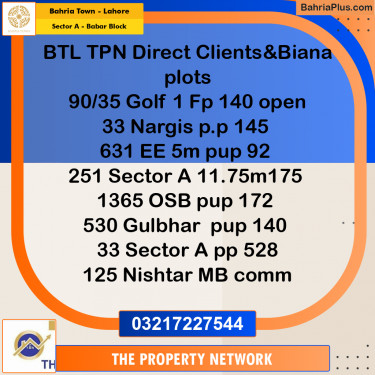 2 Kanal Residential Plot for Sale in Sector A - Babar Block -  Bahria Town, Lahore - (BP-234540)